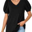 KIFOVEN Women's Summer Cotton Dressy Tops V Neck Puff Short Sleeve Work Blouse Shirt (Black, XL)