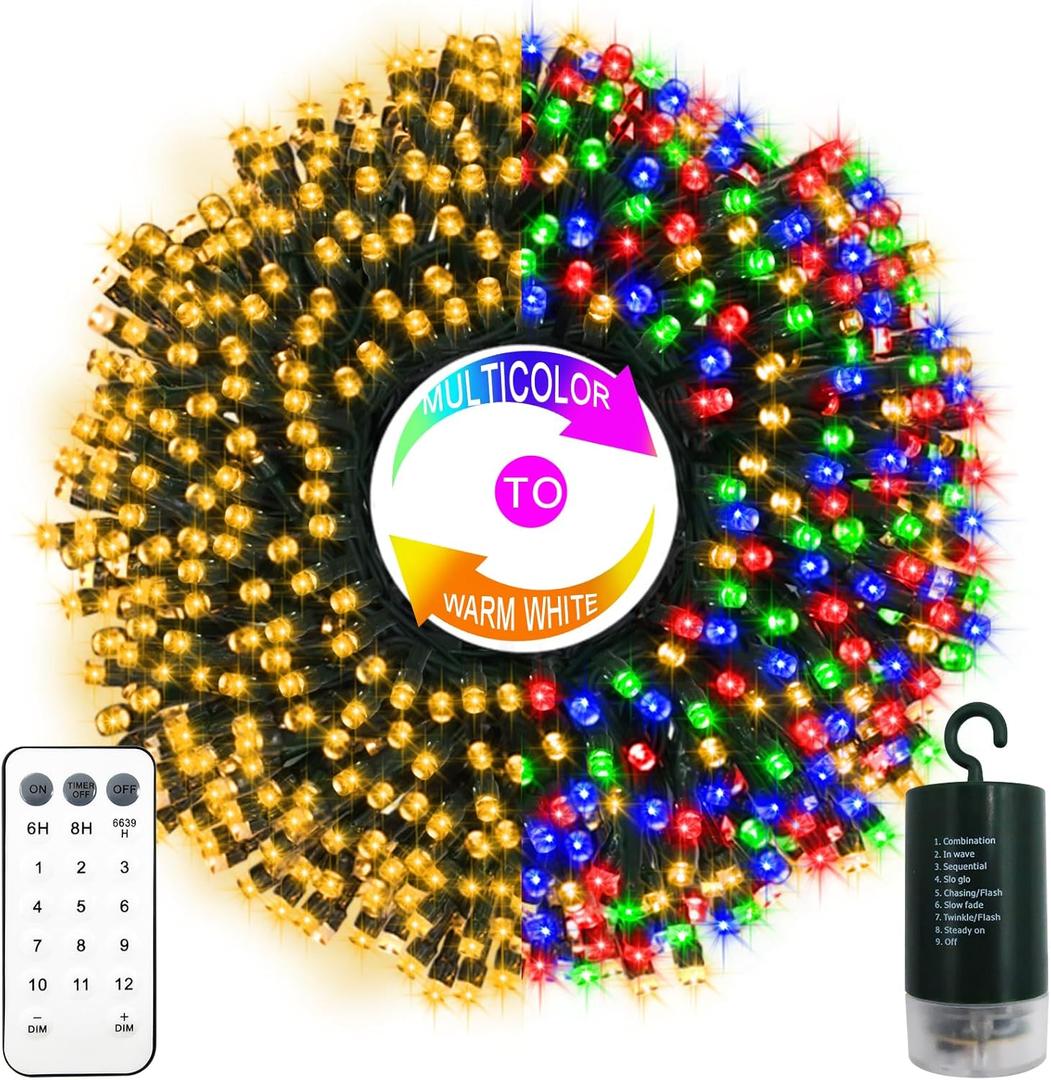 65.6Ft 200LED Battery Operated Christmas String Lights, 12 Lighting Modes Warm White & Multicolor Fairy Lights with Remote Timer, Green Wire Twinkle Light for Wreath Indoor Outdoor Party Wedding