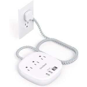Flat Plug Power Strip, 5ft Ultra Flat Extension Cord - 3 Outlets 4 USB Ports (2 USB C) 22.5W/4.5A Desktop Charging Station, No Surge Protection for Cruise Ship, Dorm Room Travel Essentials (White)