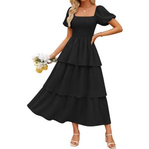 ZESICA Women's Summer Smocked Midi Dress 2026 Casual Puff Short Sleeve Flowy Tiered Boho Beach Vacation Long Dresses (Medium, Black)
