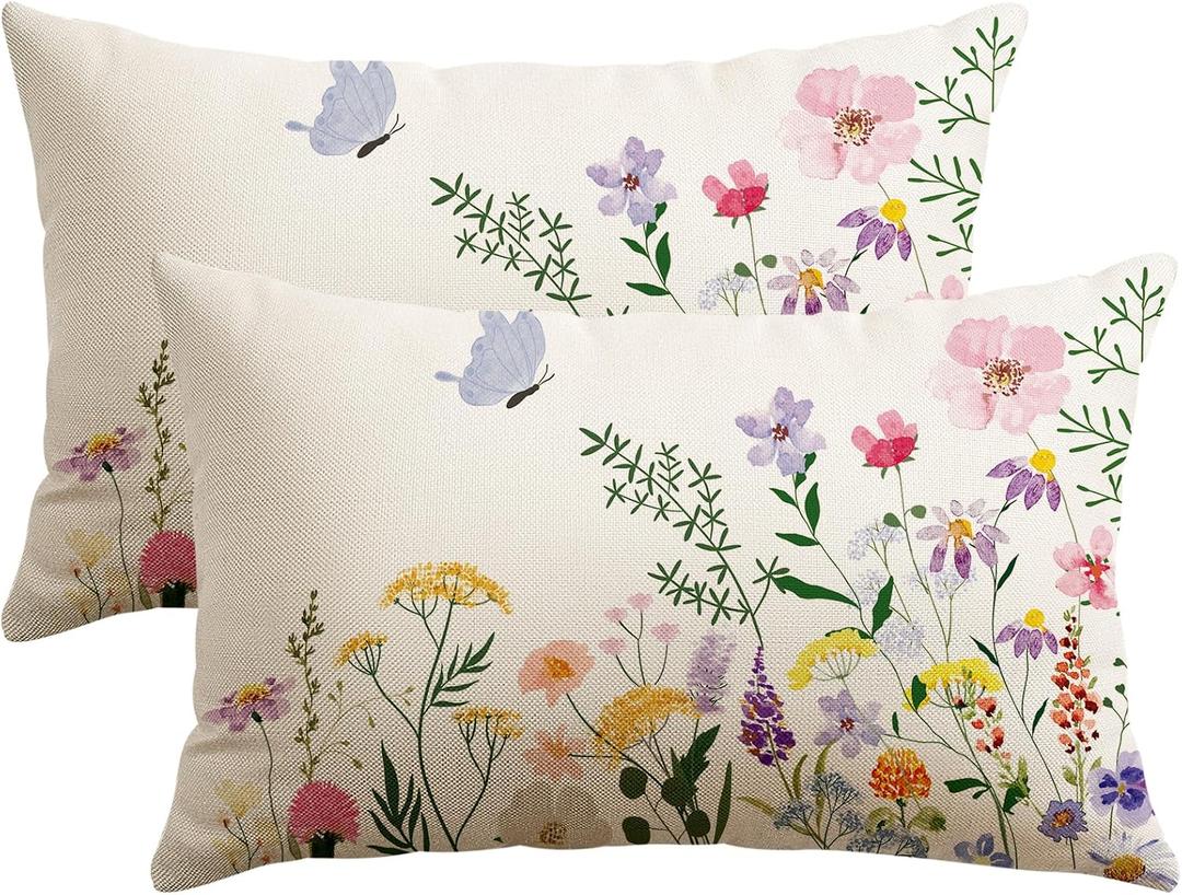 Artscope Spring Summer Floral Throw Pillow Covers 12x20 Inch Set of 2, Farmhouse Flower Butterfly Print Decorative Pillow Cases for Sofa Bed Room Home Decor- Flower B