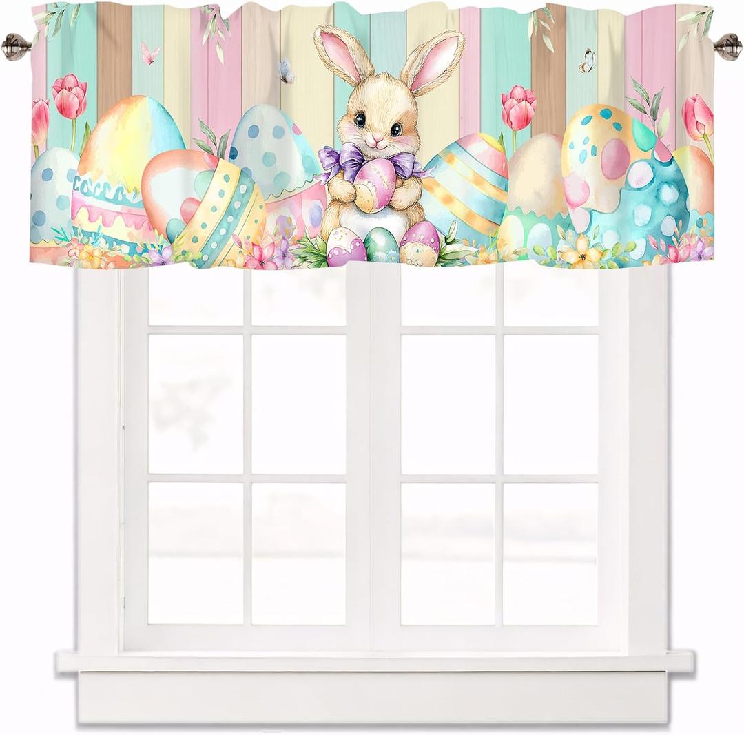 Easter Valances for Windows, Spring Easter Eggs Bunny Kitchen Short Curtains Wood Grain Farmhouse Window Treatment Rod Pocket Valance for Living Room Bedroom Bathroom 42 x 12 Inch (Lst-fhj01074)
