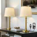 Oneach 19.5" Gold Table Lamp Set of 2, Small Bedside Table Lamps with USB A+C Charging Ports, Pull Chain Switch, Brass Modern Nightstand Lamps for Living Room, Bedroom, Nursery