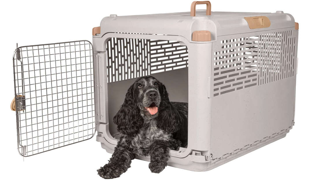 SportPet Designs Collapsible Medium Pet Travel Carrier (Tan), Hard-Sided Kennel for Medium Dogs, Puppies, Cats, Kittens, Animals up to 50lbs, Washable Home & Outdoor Pet Crate, 30.6"L x 22"W x 23.25"H