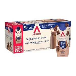 Atkins Milk Chocolate Delight High Protein Shake, 15g Protein, 2g Net Carb, 1g Sugar, Keto Friendly, Chocolate Flavored Protein Shakes, 12 Count, EXP:12/07/2026