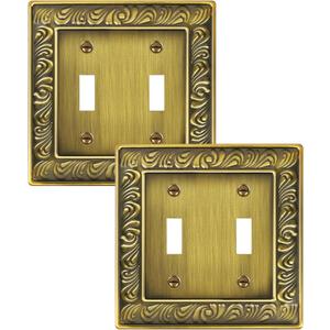 2-Pack Double Toggle Light Switch Cover Plate, Paisley Pattern Decorative Dual Switch Plate Covers, Antique Brass 2 Gang Metal Wall Plates for Electrical Outlets Switch