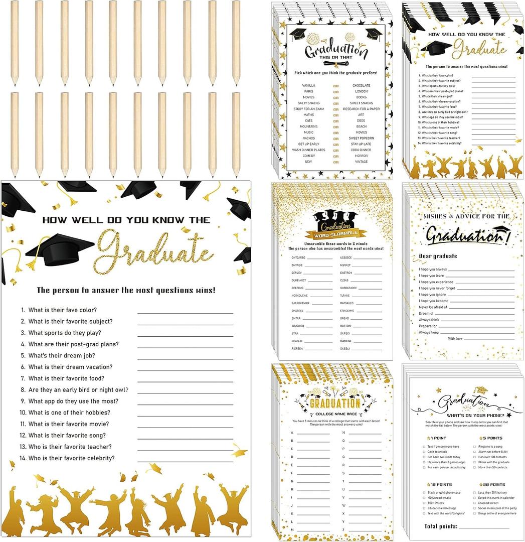 Jutom 210 Pieces Graduation Party Games 2025 Graduation Game Cards Graduation Party Favors and 20 Pieces Pencils for High School College Senior School Grad Celebration Party Supplies