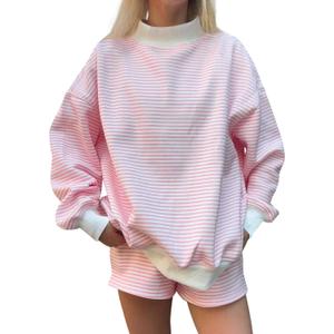 TERIVEEK Women Mock Neck Sweatshirt Oversized Mockneck Striped Long Sleeve Pullover 2026 Fall Spring Casual Lounge Tops S