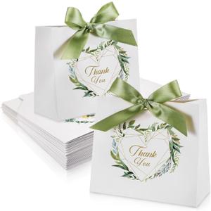 Teling 50 Pack Small Thank You Gift Bags 4.5 x 1.8 x 3.9 in Mini Paper Bags with green Bow Ribbon Wedding Favors for Birthday Party Baby Shower