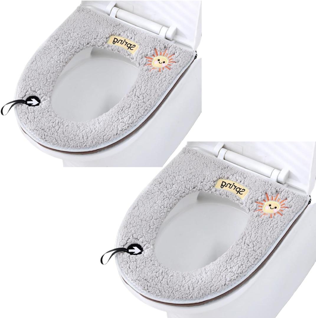 2Pcs Universal Waterproof Home Toilet Seat Cushion with Hanging Loop Bathroom Soft and Warm Washable toilet seat Cover Pads (Gray)