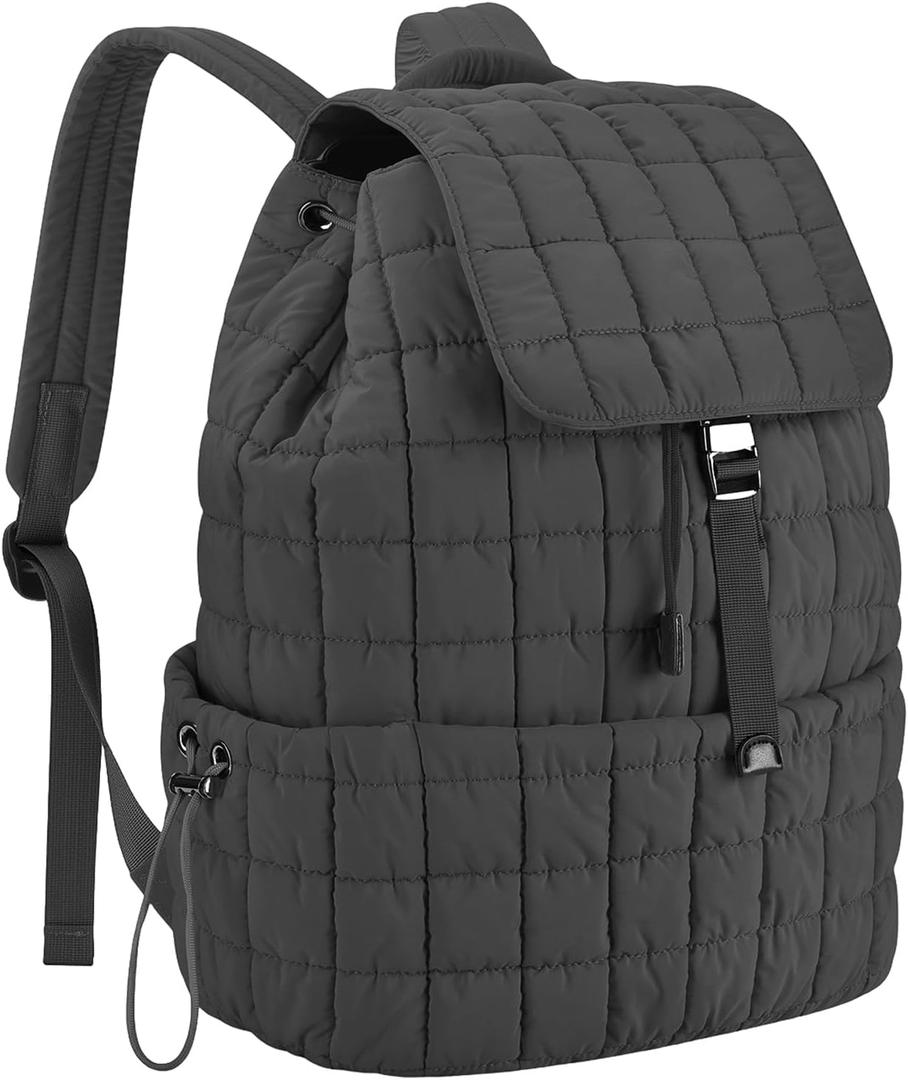 Structured Puffy Quilted Puffer Backpack, 7 Pockets & Tablet Compartment for Travel, Metal Buckle & Drawstring Closure, Black