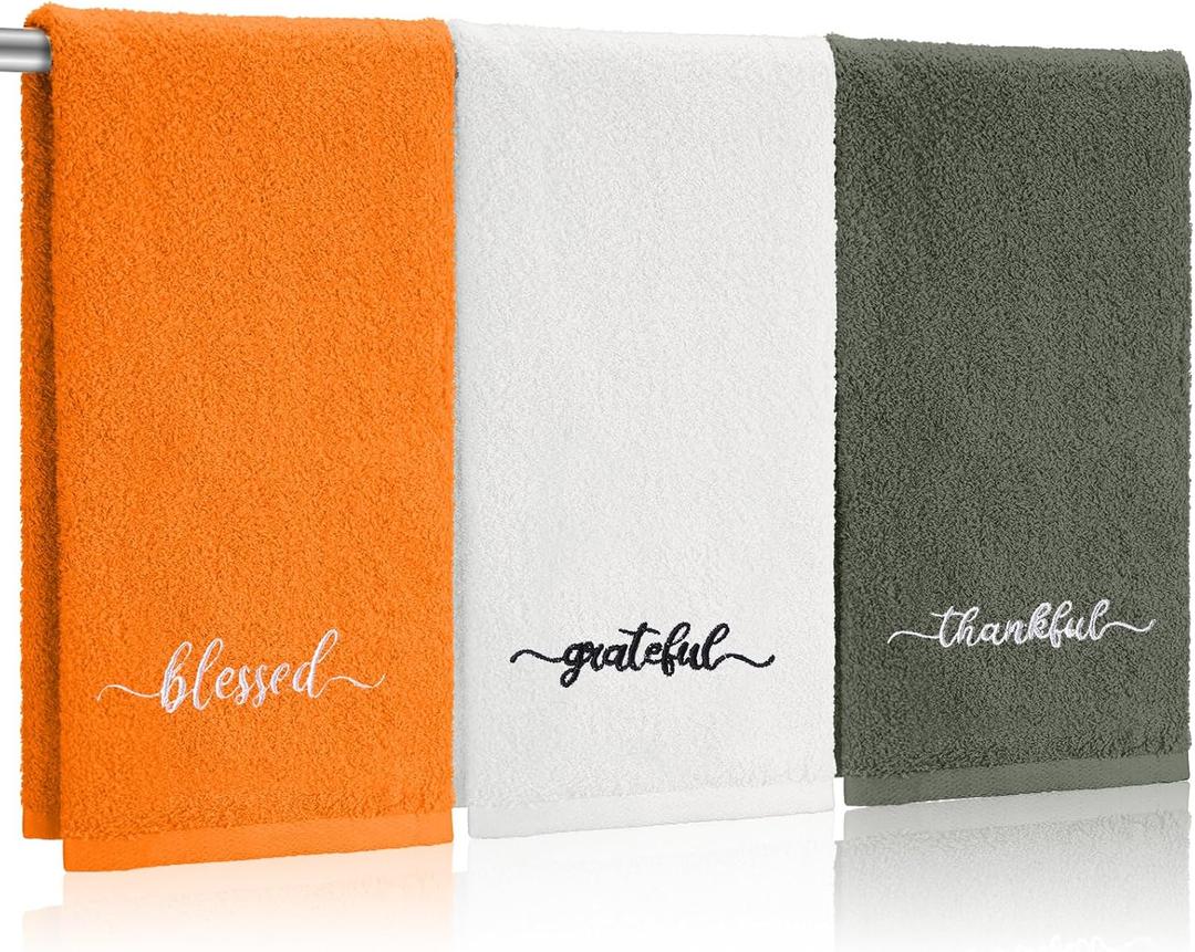 Peryiter 3 Pcs Farmhouse Bathroom Decor Hand Towels 14x29 Inch Cotton Bath Towels Rustic Embroidered for Boho Kitchen Decor Inspirational Christian Gift(Yellow Green White,Blessed Thankful Grateful)