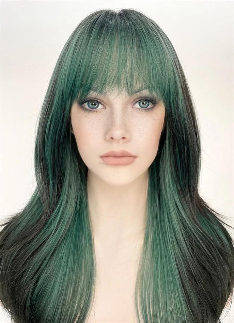 Green Mixed Black Straight Synthetic Hair Wig