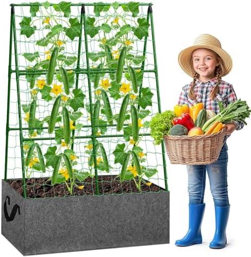 Cucumber Trellis with Grow Bag, 50 x 36 Inches Reusable Garden Vegetable Trellis with Fabric Raised Bed, Climbing Net and Plant Support Clips for Greenhouse Climbing Plants