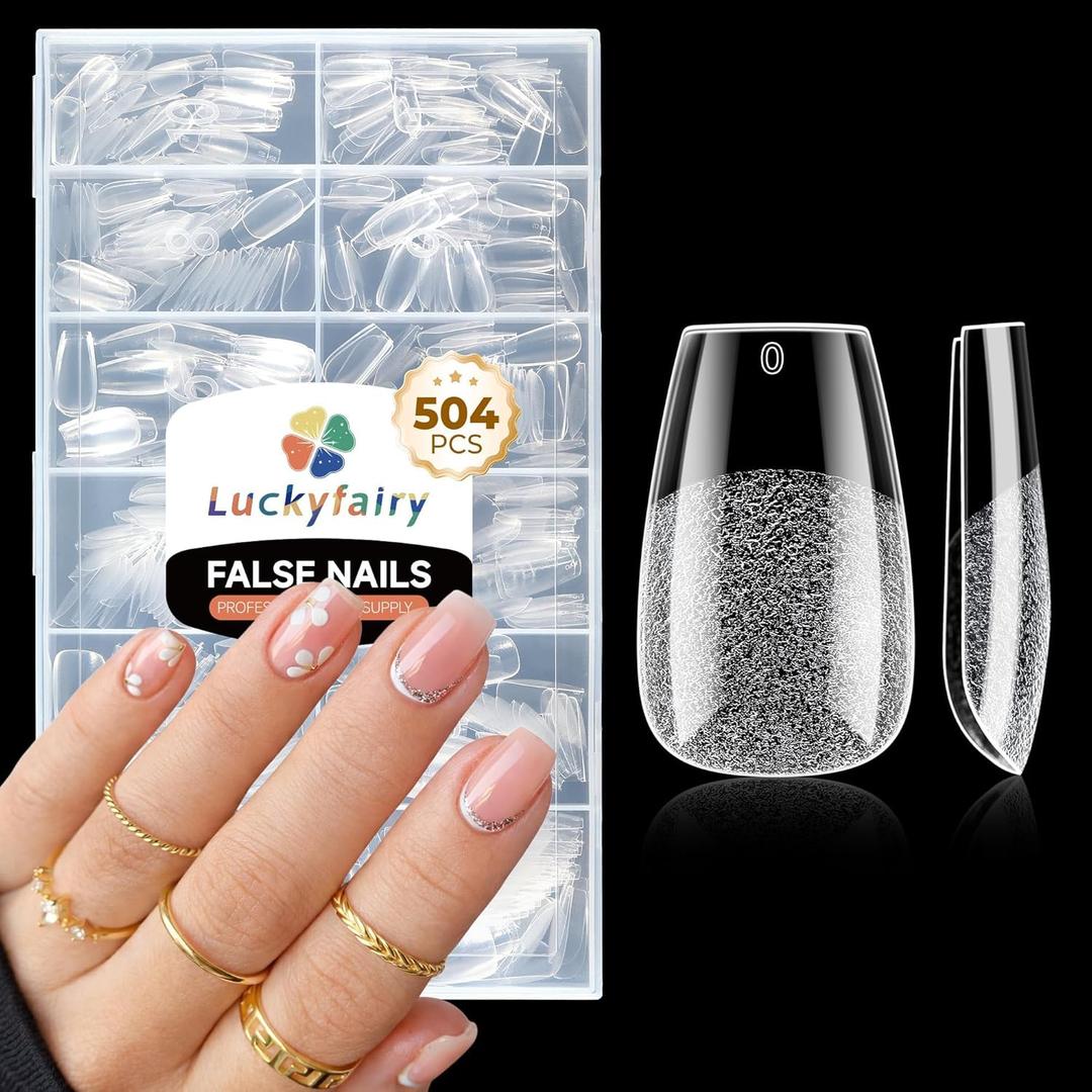 Luckyfairy Coffin Press on Nails: 504pcs Pre-etched Short Nails Clear Coffin Gel Tips for Full Cover Fake Nails French Nail Extension Salon Home DIY 12 Sizes Gelly Tips