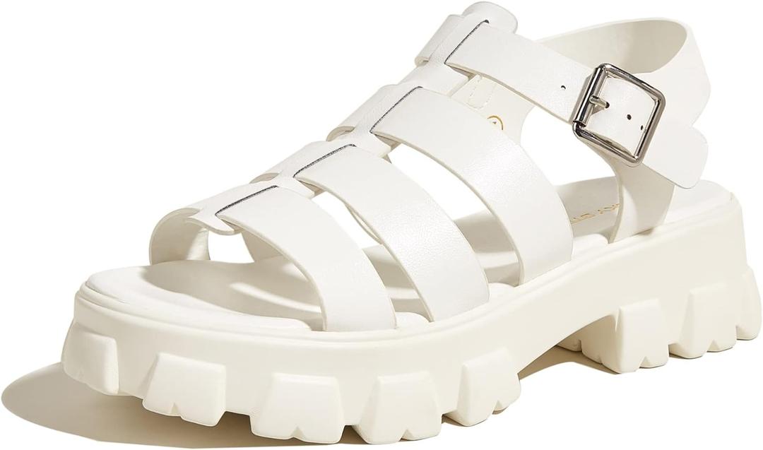 LUCKY STEP Women 's Platform Wedge Sandals Open Toe Adjustable Ankle Strap Chunky Heel (6, White)