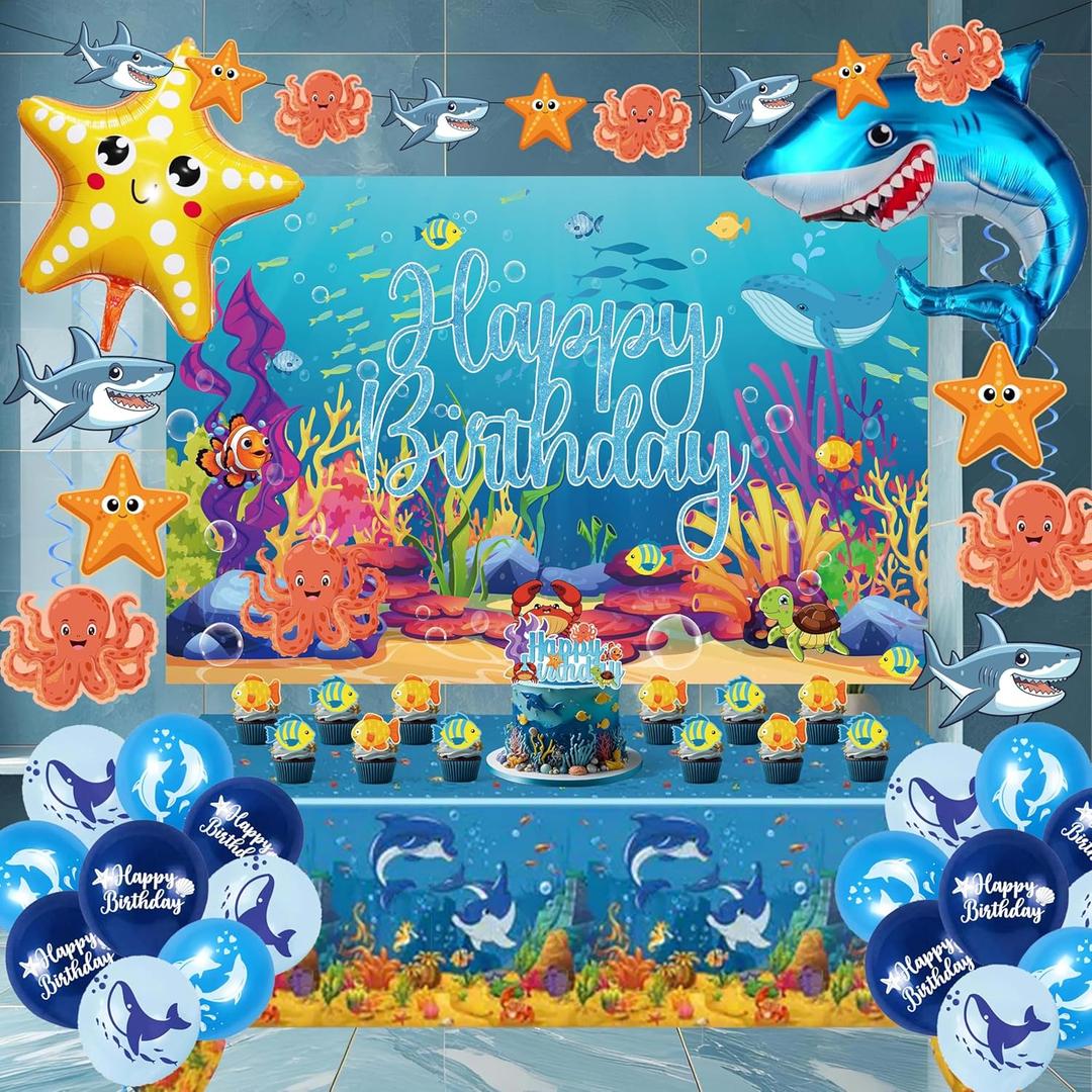 Happy Birthday Decorations For Women Men,Birthday Backdrop,Banner Balloons,Table Cloth,Paper pom poms Party Supplies for Girls Boys (Sea)