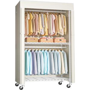 White Clothing Rack with Beige Cover, P1C Rolling Closets