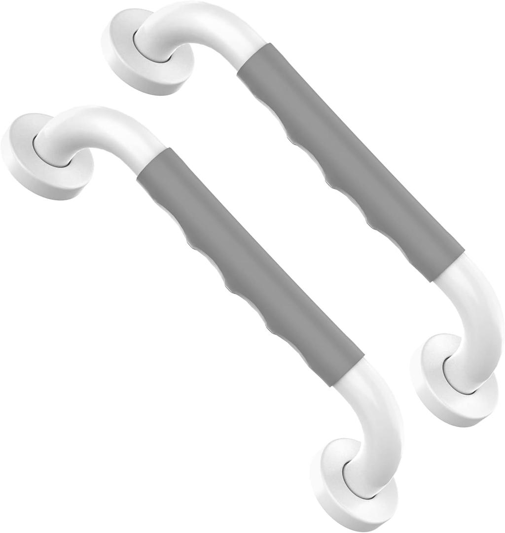 12 Inch Shower Grab Bar 2 Pack, Munzong White Stainless Steel Bathroom Grab Bar w/Anti Slip Gray Rubber Grip, Bathroom Balance Bar,Safety Handrail Support,Handicap Elderly Senior Assist Bath Handle (12IN, White-Gray Rubber-2P)