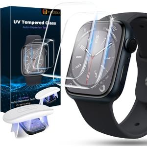 EWUONU[2 Pack Tempered Glass Screen Protector for Apple Watch Series 9/ Series 8/7 45mm, [Auto-Dispersion Tech] Full Coverage Waterproof Bubble Free HD Clear Film for iWatch Series 9 Series 8/7 45mm
