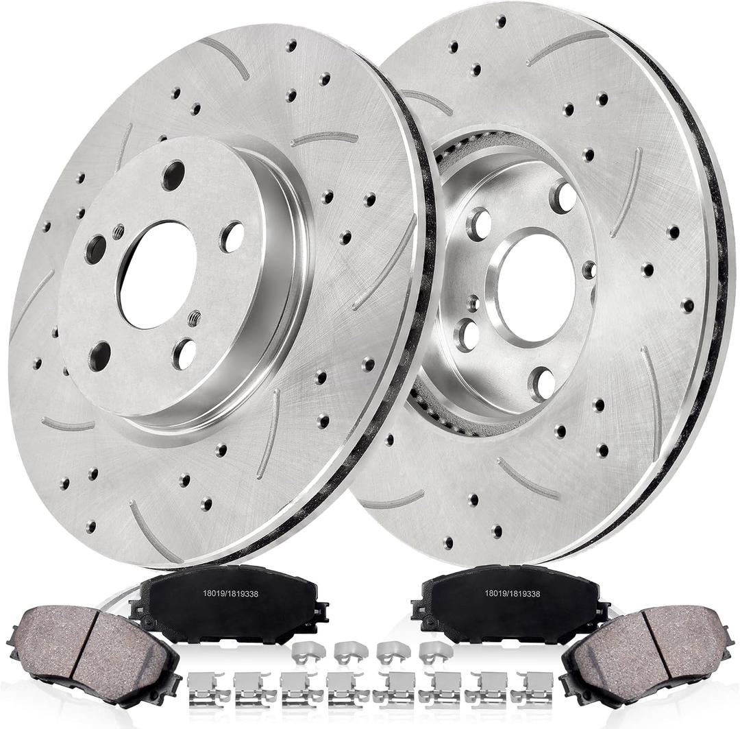 Front Drilled and Slotted Brake Pads and Rotors Kit Ceramic Automotive Replacement Brake Kits Vented 10.83 Inch Compatible for Toyota Corolla Matrix 2008-2019 (18 Pcs)