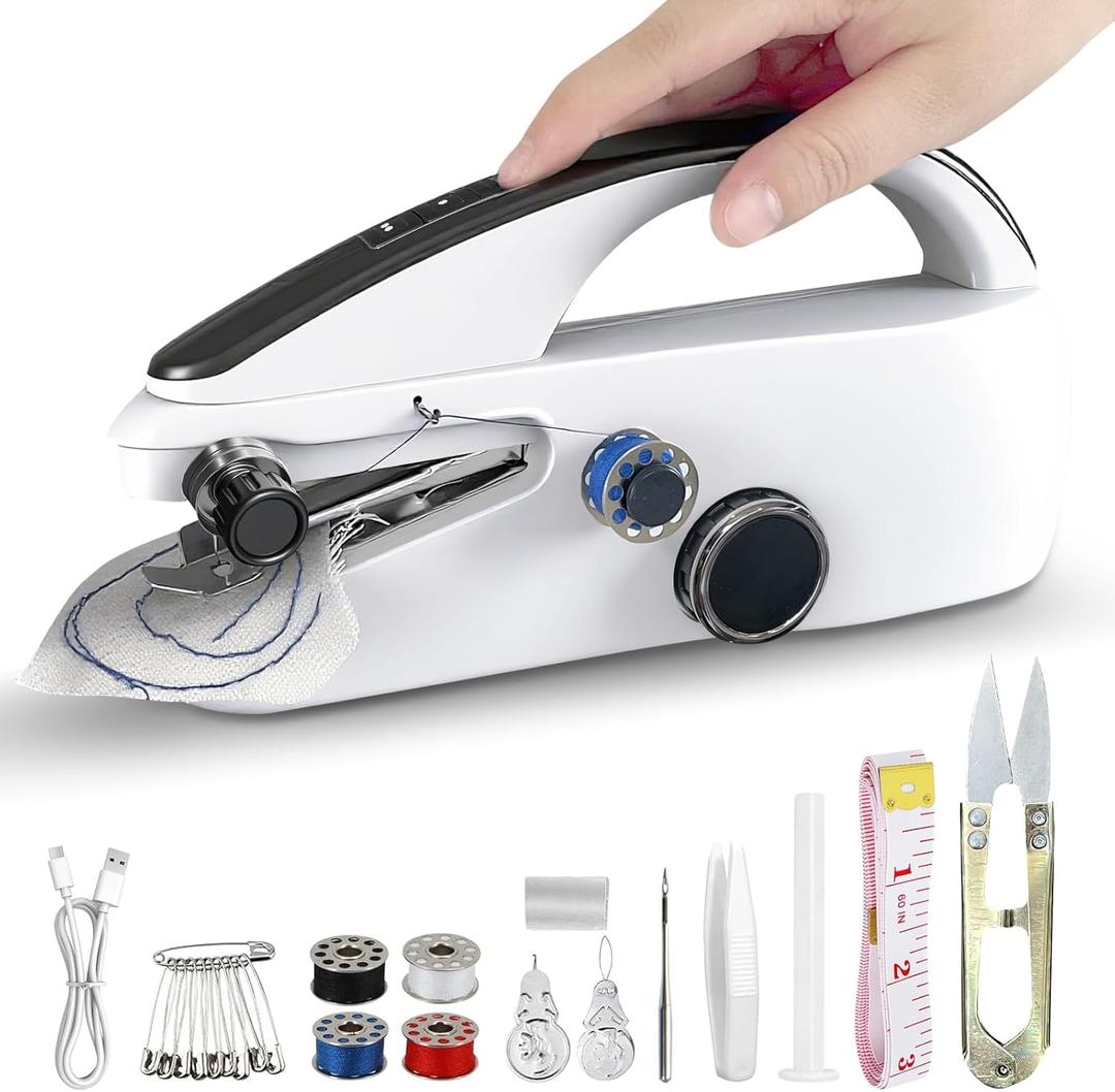 SnowVoice Handheld Sewing Machine,Two dear,Mini sewing machine,Easy to Use and Fast Stitch Suitable for Clothes,Fabrics, DIY Home Travel Electric Handheld Sewing Machine for Beginners(Milk White)