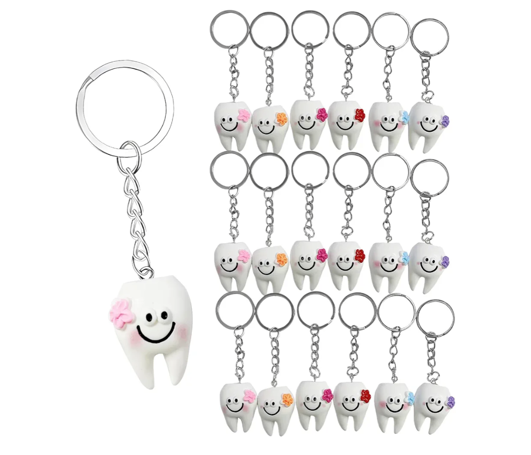 18 Pack Tooth-Shaped Resin Keychains, Dental Key Rings Handbag Pendants Gifts for Dentist, Dental Patients, Birthday Graduation Gifts for New Dentists, Basket Stuffers Party Favors