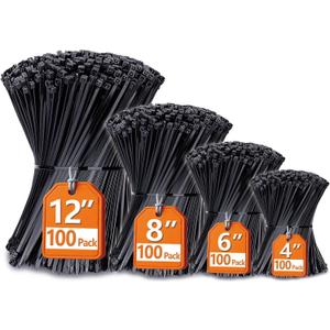 Zip Ties Assorted Sizes(4+6+8+12), 400 Pack, Black Cable Ties, UV Resistant Wire Ties by ANOSON