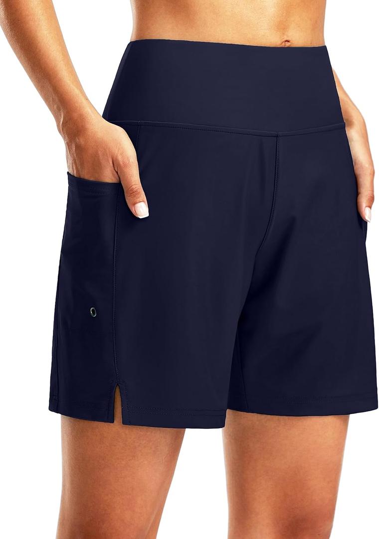 G Gradual Women's 7" Long Swim Board Shorts High Waisted Quick Dry Beach Swimming Shorts for Women with Liner Pockets (Navy, XXL)