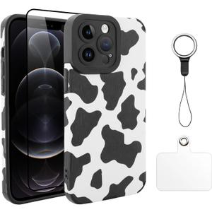 [3 in 1 Case for iPhone 12 Pro Case Cow Print Pattern Black White Design Tire Texture Non-Slip + Soft TPU Bumper Anti-Slip Ultra Thin Cover Protective Shockproof Case for iPhone 12 Pro