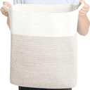 Tall Laundry Basket With Handles,Woven Cotton Rope Big Laundry Hamper Sorters,Versatile Storage for Dirty Clothes,Baby Toys,and Blankets in Bathroom, Nursery,and Living Room (White Brown, 68L)