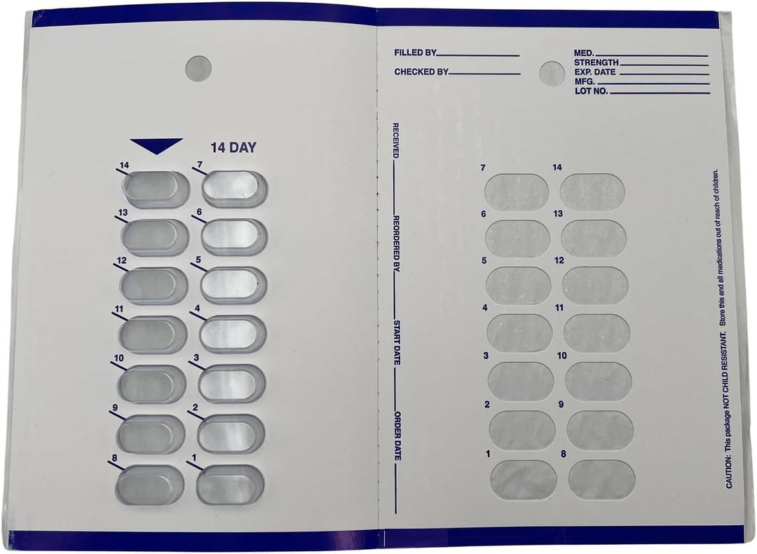 2 Week/ 14 Day Cold Seal Medication Pill Blister Cards, Disposable Easy to Use Unit Dose Pill Organizer for Summer Camps, Nursing Homes, Weekend Getaways and Caregivers (12 Pack)