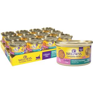 Wellness Complete Health Pate Kitten Canned Wet Cat Food, Natural, Protein Rich, Grain Free, Whitefish and Tuna Entrée Recipe, 3 oz, Pack of 24 Cans, BB Date: 09/25/2028