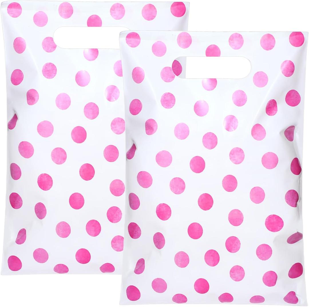 Cholemy 100 Pcs Pink Polka Dot Gift Bags with Handles Plastic Pink Goodie Candy Snack Treat Party Favor Bag for Birthday Baby Shower Wedding Princess Themed Party Favors