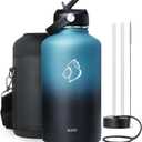 BUZIO Insulated Water Bottle with Straw Lid and Flex Cap, 64oz Double Wall Vacuum Stainless Steel Water Thermo Wide Mouth Lid, Cold for 48 Hrs Or Hot for 24 Hrs Sweat Proof Flask, Indigo Crush