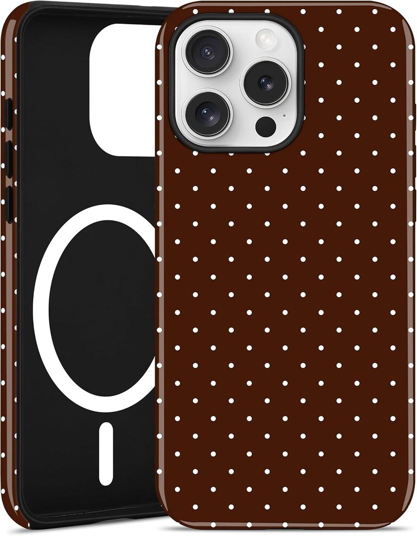 Jusy Compatible with MagSafe Polka Dot Case for iPhone 15 Pro, Cute Aesthetic Polka Dots Magnetic Phone Case, Soft TPU and Hard PC Protective Phone Cover for Women GirlsShiny - Brown