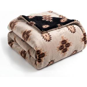 Sacred Thread Aztec Blanket Fleece, Reversible Native American Blanket, Western Throw, Native American Western (Coffee Flannel) (Full (60x80))
