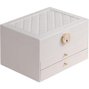 GUOER Jewelry Box for Women Girl Wife 3 Layers Large PU Leather Jewelry Organizer Storage Case with Two drawers Display for Earrings Bracelets Rings Watches (White)