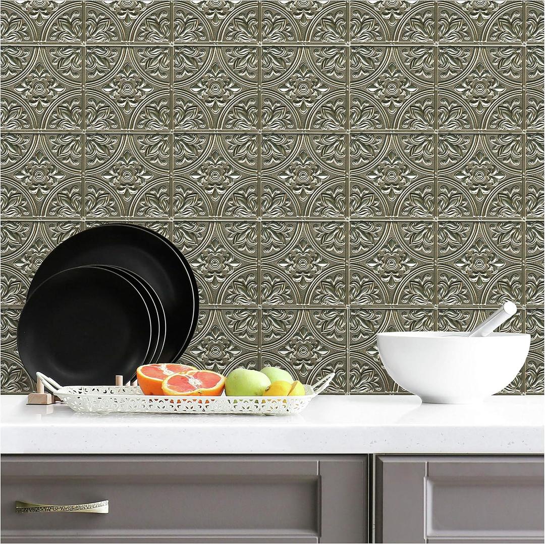 RoomMates TIL4625FLT StickTiles Gold Tin Peel and Stick Tile Backsplash (4 Tiles, 10.5 inch x 10.5 inch Each (Pack of 1))