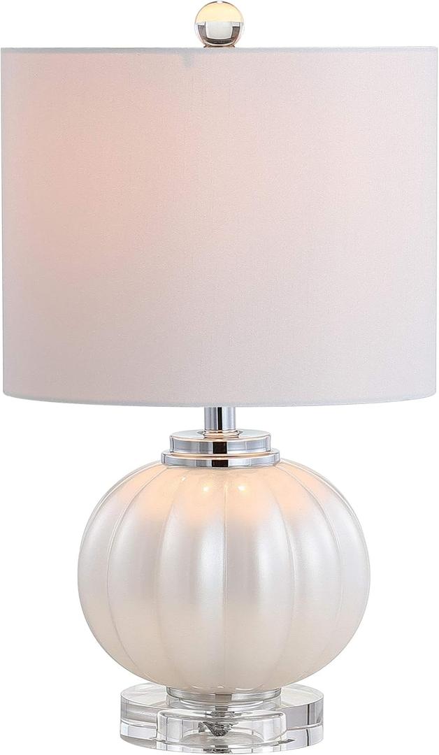 JONATHAN Y 17.5" White/Chrome Glass Table Lamp, Modern Crystal Bedside Lamp for Bedroom Living Room Nightstand, Glam Ribbed Accent Lamp, White Faux Silk Shade, LED Bulb JYL2076A