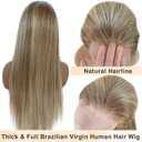 Highlight Ombre Ash Blonde Lace Front Wig Human Hair for White Women, 13x4 Invisible Lace Lace Frontal Wig Pre Plucked Natural Hairline Full 180% Density Real Human Hair Glueless Wigs with Brown Roots