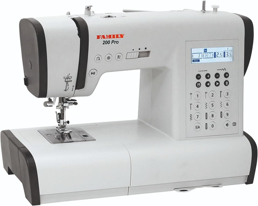 FAMILY 200 PRO|Computerized Easy-To-Use Sewing Machine with Top Loading Bobbin (Horizontal Rotary Hook), 203 Stitch Applications, 100 Built-in Stitches, Accessory Kit, Foot Pedal, Alphabet, Table