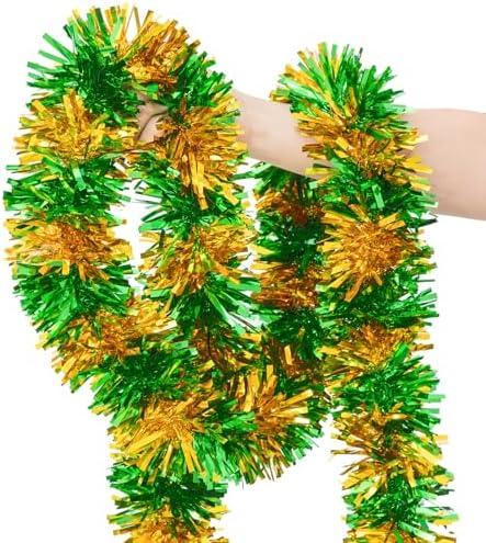 33FT St. Patrick's Day Tinsel Garland, Green Gold Metallic Twist Foil Tinsel Garland Hanging Garland for St. Patrick's Day Birthday Party Indoor Outdoor Decoration Pack Of 2