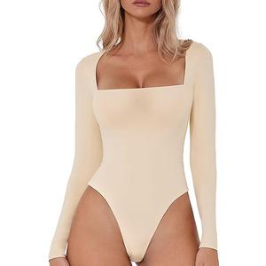 QINSEN Women's Sexy Square Neck Bodysuit Long Sleeve Double Lined Shirt Tops, Size L