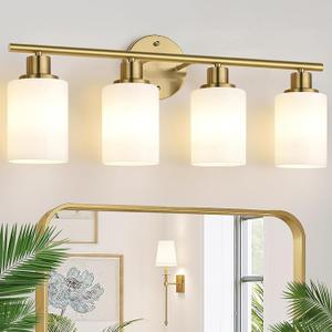 Zarbitta 4Light Bathroom Light Fixtures, Brushed Gold Modern Vanity Lights with Milky White Frosted Glass Shades, Bathroom Wall Lamp for Mirror Kitchen Living Room