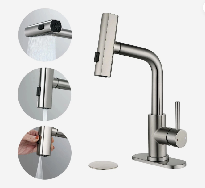 BARROCK Waterfall Bathroom Faucets with Pull Down Sprayer, Modern Bathroom Sink Faucet with 3-Function Pull Out Sprayer, 360 Degree Rotation Elegant Basin Vanity Mixer Tap, Gun Grey