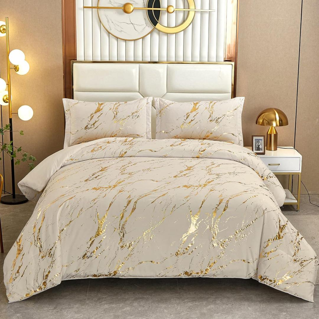 WONGS BEDDING Khaki Gold Metallic Marble Comforter Set Queen Foil Print Glitter Bedding Sets with 2 Pillowcases for All Seasons, Soft Microfiber Filling Bedding Duvet Set 90"x90"