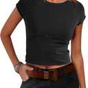 Aimiray Women's Y2k Basic Tees Short Sleeve Fitted Baby Tees Slimming White Cute Crop Tops Summer Tight Shirts (Black-Medium)