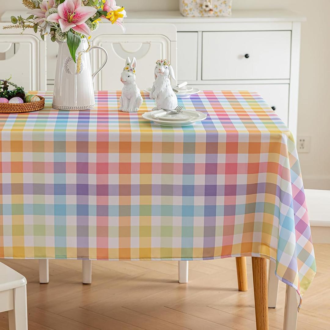 Joyfol Day Spring Easter Checkered Tablecloth, Waterproof Colorful Buffalo Plaid Table Cloths, Washable Rectangle Table Cover for Kitchen Party Dinner Tabletop Decoration (78 X 54 Inch)