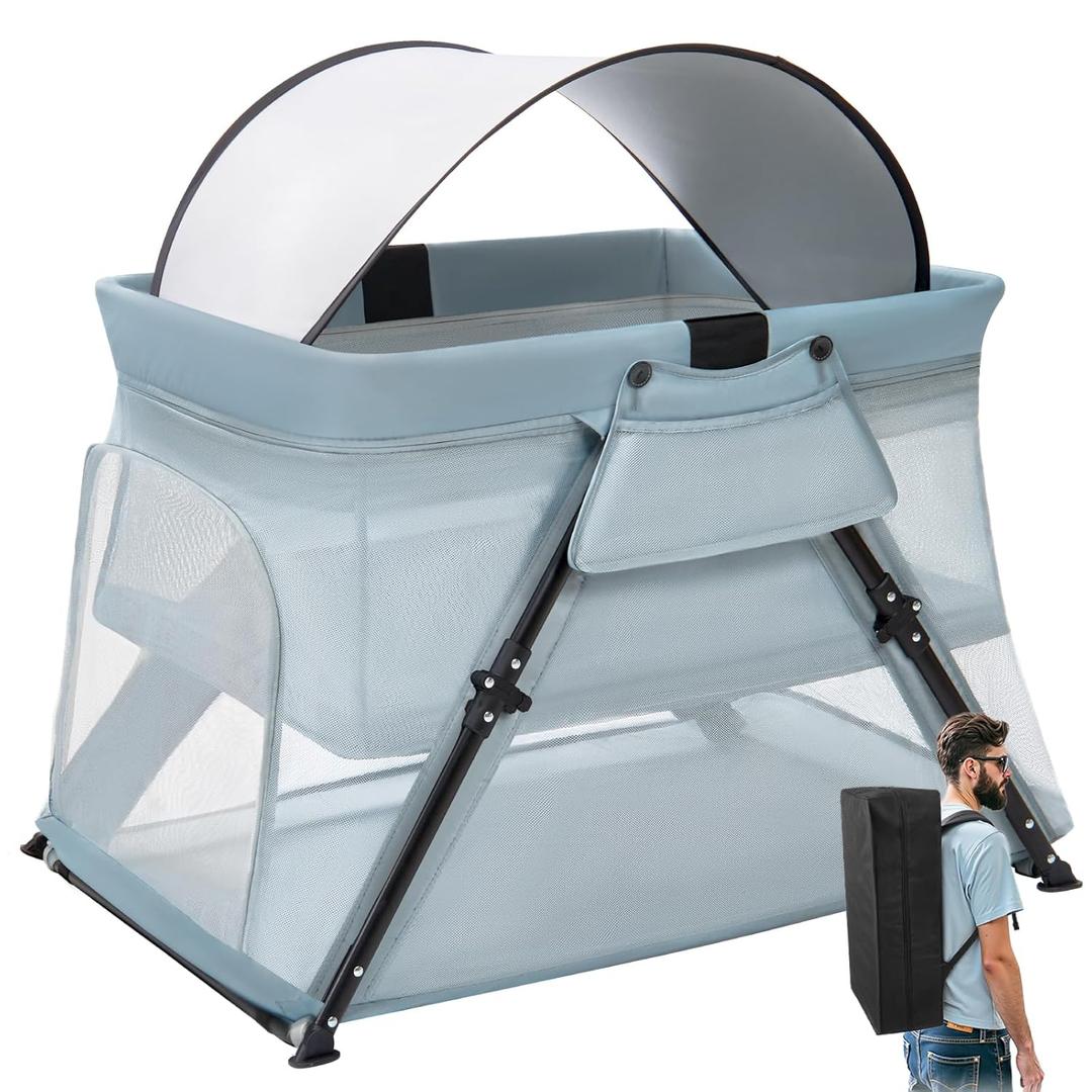 Lilian&Gema 2-in-1 Travel Crib, Portable Crib with Backpack, Lightweight Baby Travel Playpen, Foldable Play Yard with Thick Mattress for Babies & Toddlers, Baby Travel Essential (Gray-green)